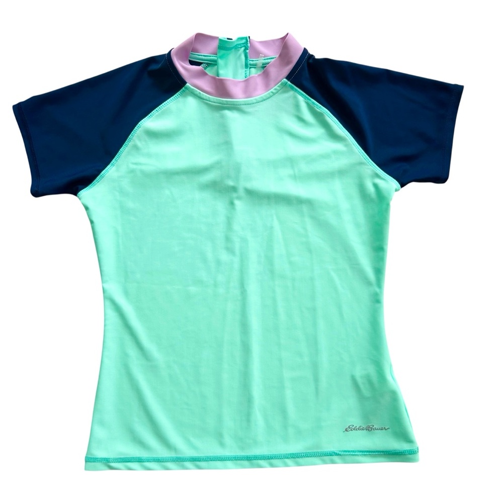 Eddie Bauer Kids Swim Rashguard SS Top Back Neck 1/4 Zip Colorblock Sz Med 10/12 - Picture 1 of 9
